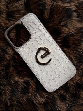 White Croc-Embossed IPhone 16 Pro Max Case with Gold Accent